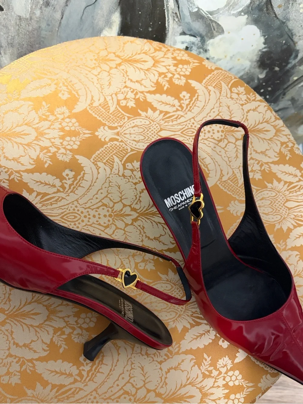 Moschino CheapandChic Red Patent Leather Heart Sling-Back Heels Size 40